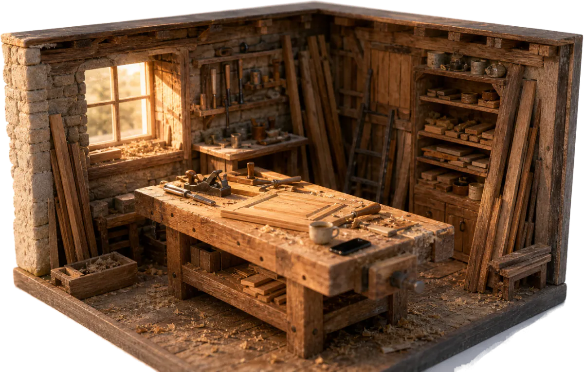 Maquette de l'atelier en coupe : un établi de bois, des outils accrochés au mur, des planches rangées.