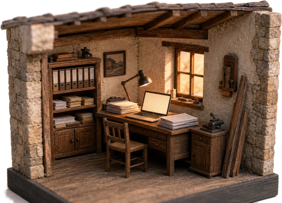 Maquette du bureau en coupe : classeurs, ordinateur portable, lampe de bureau et fenêtre ensoleillée.