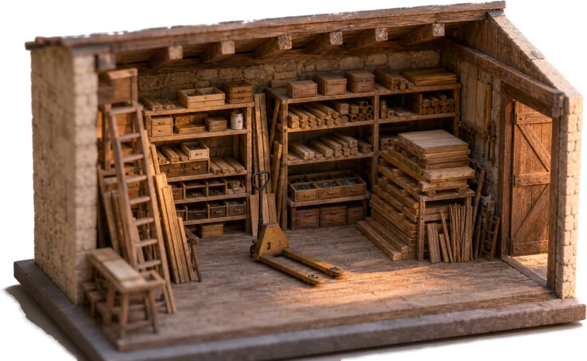 Maquette du dépôt en coupe&nbsp;: rayonnages de bois, caisses, échelle et transpalette.