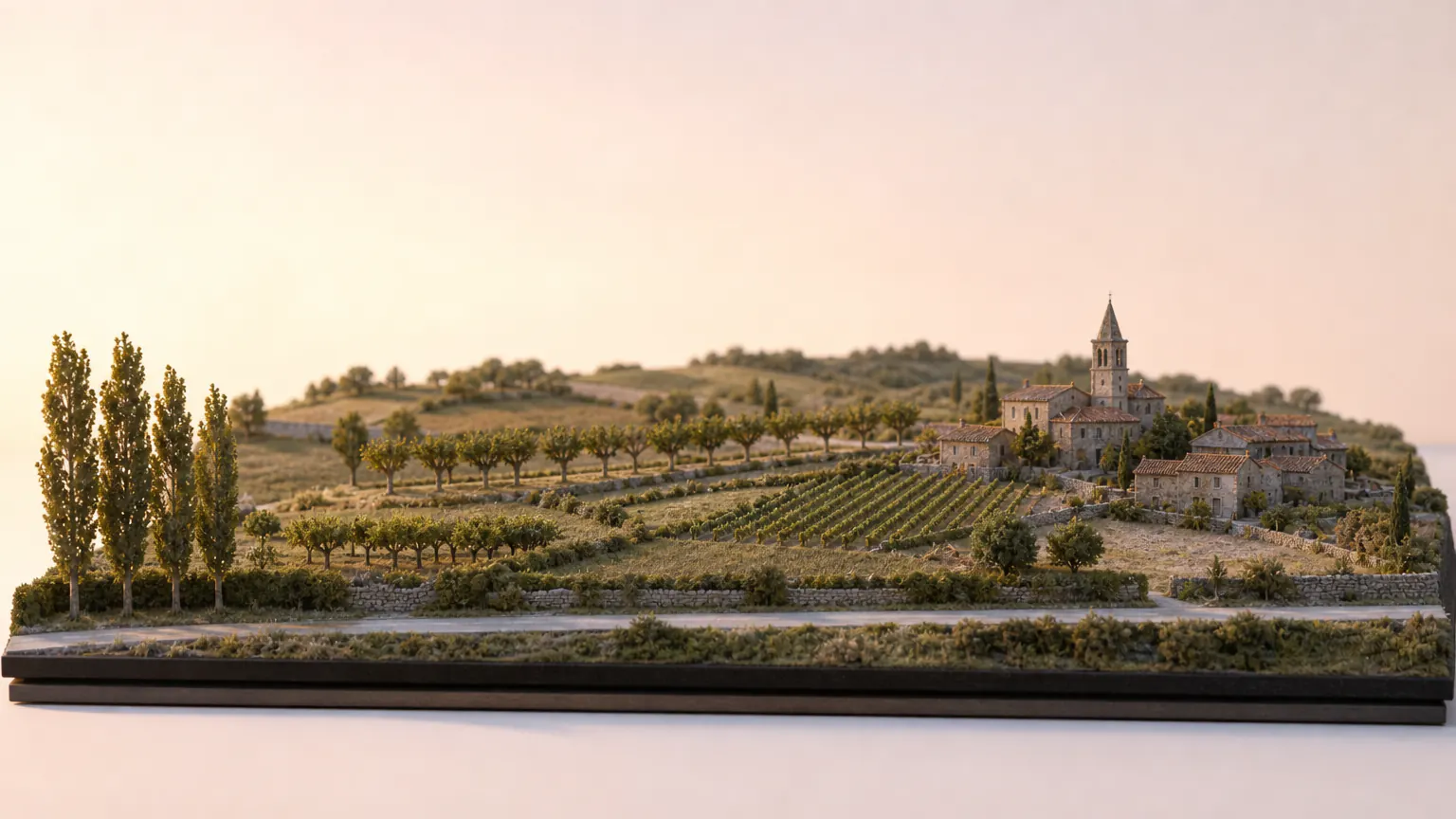 Une campagne en miniature : vignes, oliviers et un village perché, une petite route au premier plan.