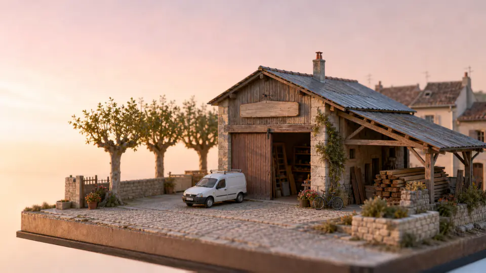 La maquette de l'atelier à l'aube, ciel rose, la camionnette garée devant.