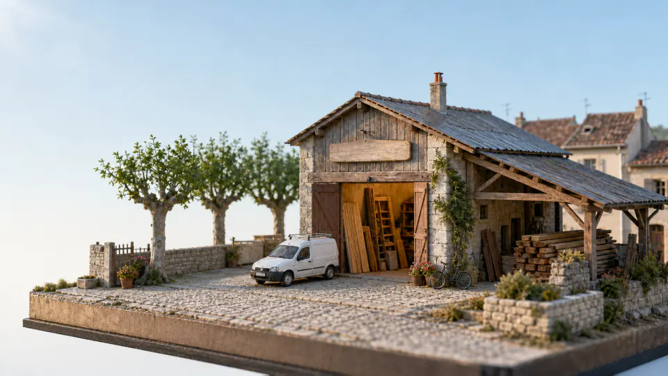 La même maquette au matin, ciel bleu, le portail de l'atelier ouvert sur des planches.