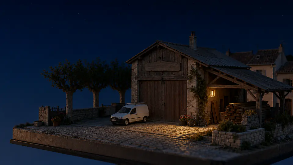 La maquette de nuit : portail fermé, une seule lampe allumée sous l'auvent.